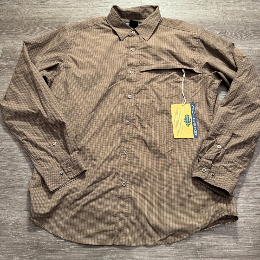 ExOfficio Shirt Mens L Brown Plaid Nylon Snap Hiking Travel Ventilated Outdoor